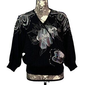 1987 Bonnie Boerer Co Womens S/P Black Beaded Floral Knit Batwing Sweater